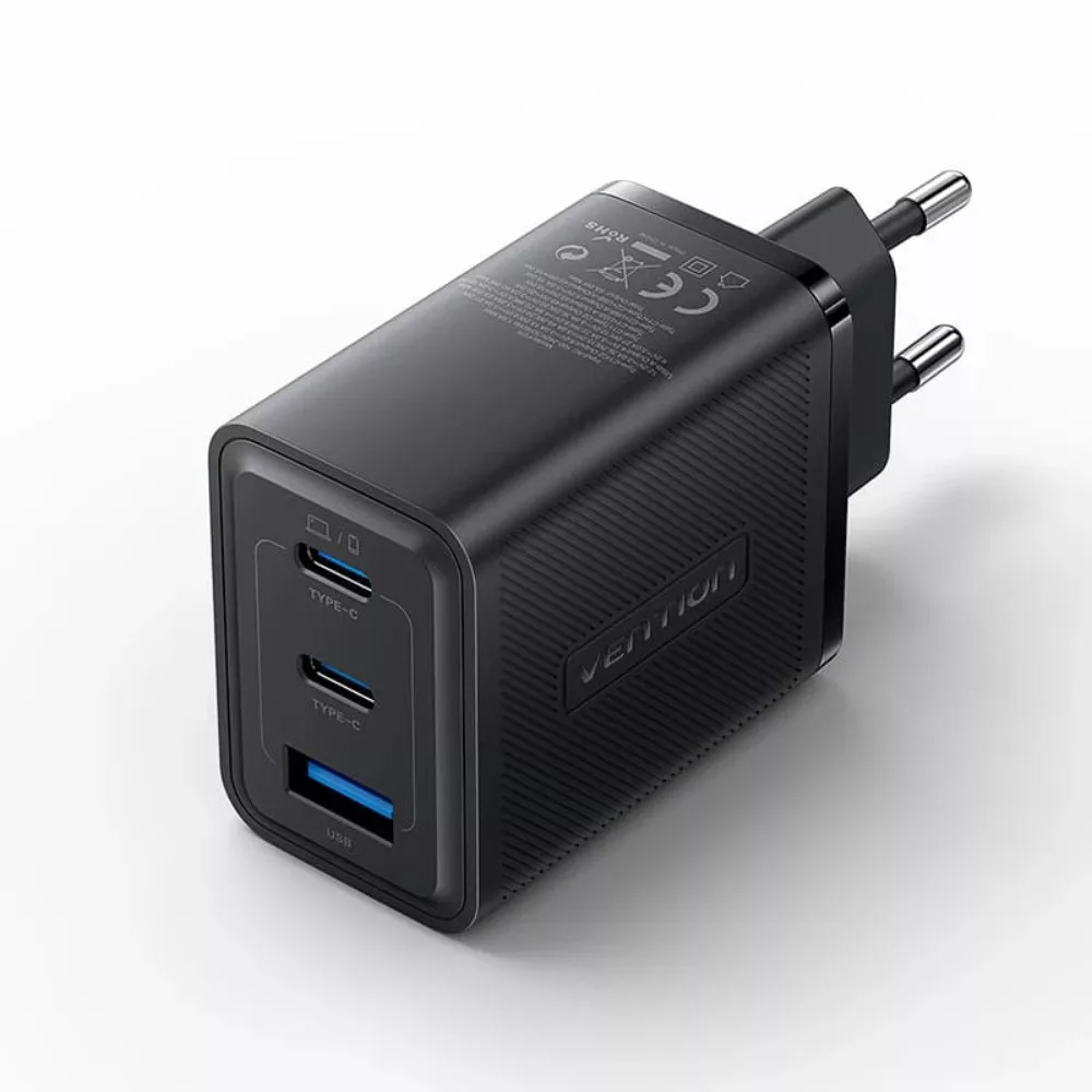 Vention 3-Port Wall Charger, Gan Charger, 2XUSB-C, USB-A, 65W/65W/30W, Black