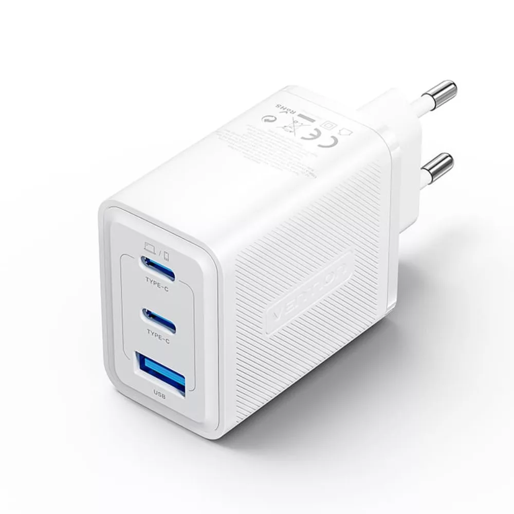 Vention 3-Port Wall Charger, Gan Charger, 2XUSB-C, USB-A, 65W/65W/30W, White